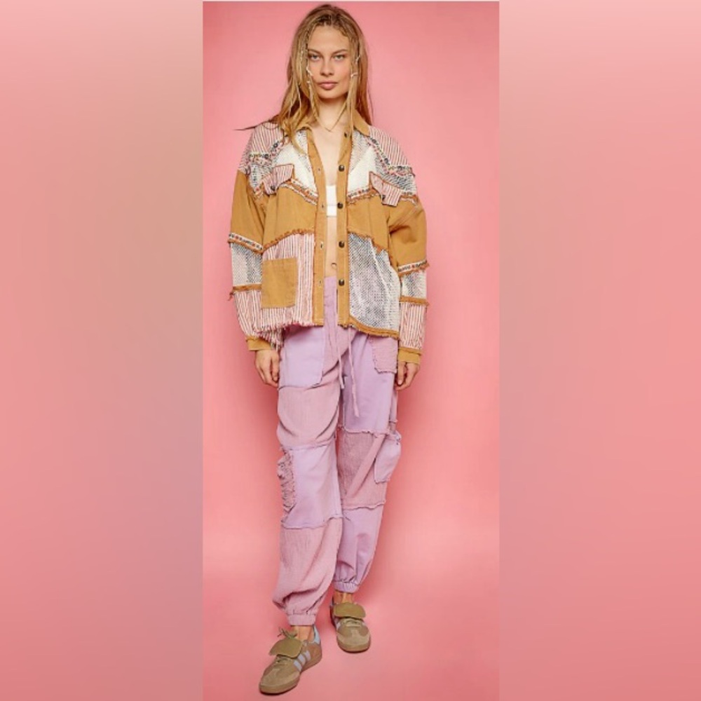 Pol Embroidered Twill Tan Jacket Patchwork Mesh S… - image 3